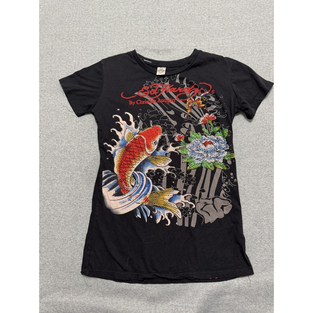 Vintage Y2K ED HARDY Women's Embellished Koi Fish T shirt Size XL